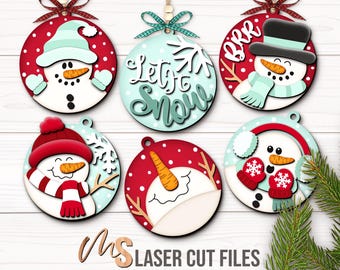 Christmas Snowman Ornament SVG Bundle: Winter Ornament Laser Cut Files Glowforge/Cricut