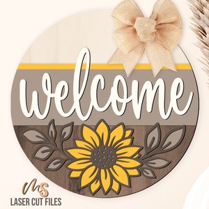 Placa de boas-vindas de girassol SVG - Suporte de porta floral Svg - Girassol Svg - Placa de porta de outono - Arquivos cortados a laser - Decoração de verão e outono - Glowforge