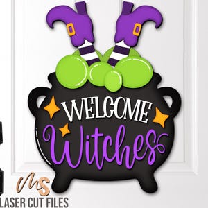 Witch Cauldron Halloween Welcome Sign Svg - Halloween Door Hanger Svg - Laser Cut Files - Halloween Porch Door Sign - Glowforge Cricut