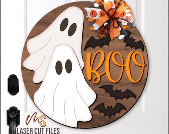 Wieszak na drzwi z duchem na Halloween SVG - Znak na Halloween z duchem SVG - Boo SVG - Pliki wycinane laserowo - Znak na drzwi na ganku z okazji Halloween - Glowforge Cricut