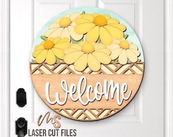 Floral Daisy Welcome Sign SVG: Spring & Summer Door Hanger Laser Cut Files Glowforge/Cricut