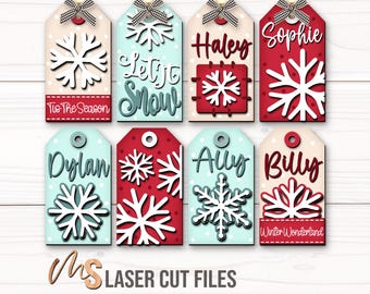 Custom Christmas Gift Tags SVG Bundle: Snowflake NameTag Ornament Laser Cut Files Glowforge/Cricut