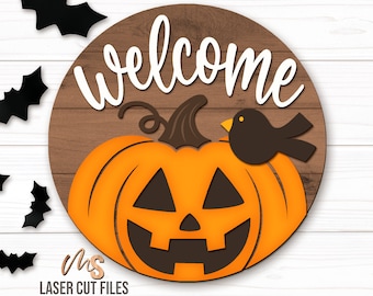 Halloween-Willkommensschild-Schild-Halloween-Tür-Aufhänger-Svg-Jack O Lantern-Svg-Kürbis-Svg-laser-Schnitt-Dateien-Herbst-Dekor - Glowforge Cricut