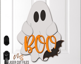 ブー・ハロウィン・ゴーストサイン SVG: ハロウィンポーチドアサイン レーザーカットファイル (Glowforge/Cricut用)