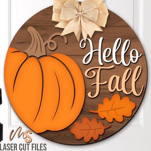 Pumpkin Fall Door Hanger SVG - Hello Fall Welcome Sign Svg - Pumpkin Svg - Fall Porch Door Sign - Laser Cut Files - Glowforge Cricut