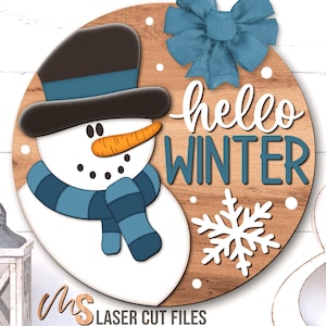 Hallo Winter Schneemann Türschild SVG - Winter Tür Schild SVG - Schneemann zwar - Laser Cut Dateien - Hallo Winter Schild - Glowforge Cricut