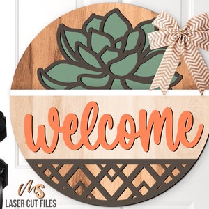 Letrero de bienvenida con suculentas (SVG) - Colgador de puerta con suculentas (SVG) - Suculentas (SVG) - Cactus (SVG) - Regalo para amantes de las plantas - Archivos cortados con láser - Archivos Glowforge