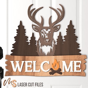 Placa de boas-vindas de veado SVG - Cabide de porta para caça de veado Svg - Placa de porta para caça de veado - Veado Svg - Veado Svg - Arquivos cortados a laser - Arquivos Glowforge