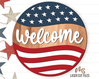 Patriotic Welcome Sign SVG - 4th Of July Door Hanger Svg - 4th Of July Svg - American Flag Svg - 4th Of July Decor - Laser Cut Files