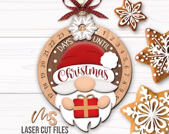 Santa Gnome Christmas Countdown Ornament SVG: Ornament Laser Cut Files for Glowforge/Cricut