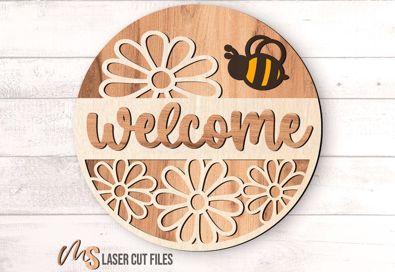 Daisy Bee Welcome Sign SVG - Floral Spring Door Hanger Svg Laser Cut ...
