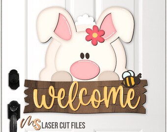 Placa de boas-vindas de Páscoa em SVG - Cabide de porta com coelhinho da Páscoa em SVG - Coelho da Páscoa em SVG - Arquivos para corte a laser - Placa de porta de Páscoa - Arquivos para Glowforge e Cricut