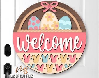 Wielkanocny koszyczek z napisem „Witamy” SVG – Wielkanocny wieszak na drzwi SVG – Wielkanocny zajączek SVG – Pliki wycinane laserowo – Wielkanocny napis SVG – Glowforge Cricut