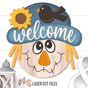 Scarecrow Fall Welcome Sign Svg - Fall Door Hanger Svg - Scarecrow Svg - Sunflower Fall Door Sign - Laser Cut Files - Glowforge Files - Fall Decor - Fall Svg - Fall Signs - Thanksgiving Svg - Scarecrow Door Hanger - Fall Wood Sign