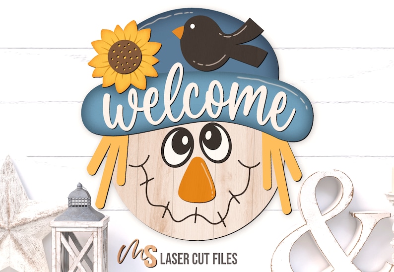Scarecrow Fall Welcome Sign Svg - Fall Door Hanger Svg - Scarecrow Svg - Sunflower Fall Door Sign - Laser Cut Files - Glowforge Files - Fall Decor - Fall Svg - Fall Signs - Thanksgiving Svg - Scarecrow Door Hanger - Fall Wood Sign