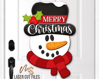 Snowman Merry Christmas Sign SVG: Christmas Door Hanger Laser Cut Files for Glowforge/Cricut