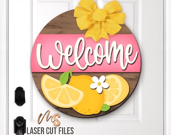 Lemon Summer Welcome Sign SVG: Lemon Door Hanger Laser Cut Files Glowforge/Cricut