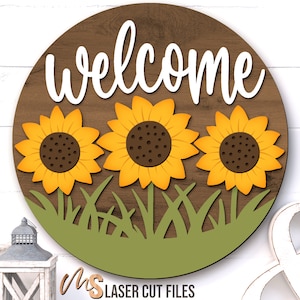 Signe de bienvenue tournesol Svg - accroche-porte tournesol - Svg tournesol - fichiers découpés au Laser - plaque de porte été & automne - Glowforge Cricut