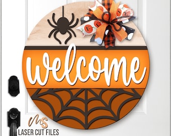 Spider Web Halloween Welcome Sign SVG: Halloween Door Hanger Laser Cut Files Glowforge/Cricut