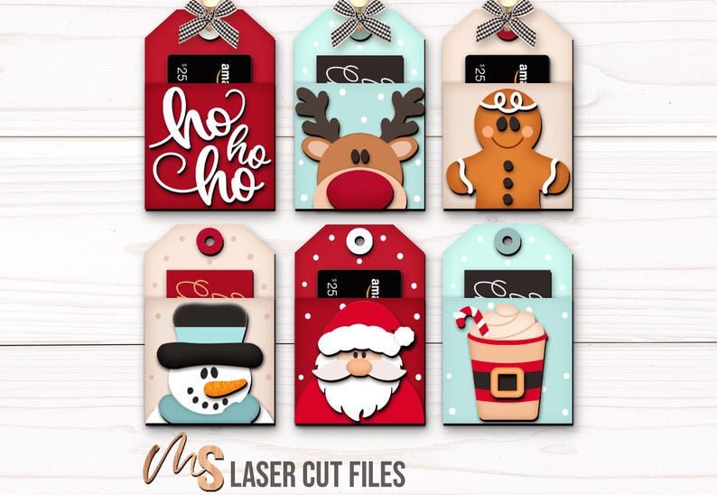SVG Laser Cut Files for a bundle of 6 Christmas Gift Card Holders featuring cute Gift Tag shapes decorated with a Santa Claus, the text Ho Ho Ho, a Snowman, a Gingerbread Man, a Reindeer, and a Christmas Coffee Cup with spacers on the inside where you can insert your Gift Cards and money! Create festive Gift Card Holders, Money Holders, and gift Ornaments!