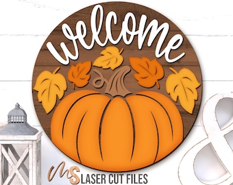 Jesienny znak powitalny z dynią SVG: Jesienny wieszak na drzwi, pliki wycinane laserowo, Glowforge/Cricut