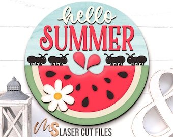 Watermelon Summer Door Hanger Svg - Hello Summer Welcome Sign Svg - Watermelon Svg - Laser Cut Files - Summer Door Sign - Glowforge Cricut