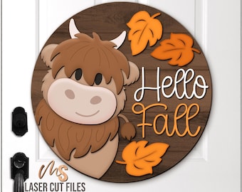 Highland Cow Fall Door Hanger SVG: Hello Fall Cow Welcome Sign SVG Laser Cut Files Glowforge/Cricut
