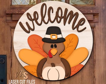 Turkey Thanksgiving Welcome Sign Svg - Thanksgiving Door Hanger Svg - Turkey Svg - Laser Cut Files - Fall Porch Door Sign - Glowforge Cricut