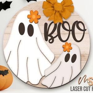 Cute Halloween Ghost Door Hanger Svg - Floral Cute Ghost Svg - Boo Svg - Laser Cut Files - Boho Halloween Sign Svg - Glowforge Cricut