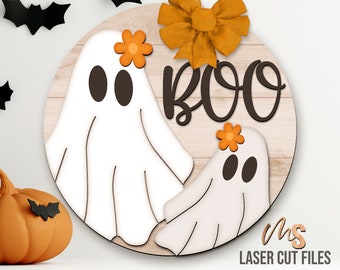 Arquivo SVG para pendurar porta com fantasma fofo de Halloween - Fantasma fofo floral em SVG - Boo em SVG - Arquivos para corte a laser - Placa boho de Halloween em SVG - Glowforge Cricut