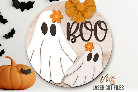 Cute Halloween Ghost Door Hanger Svg - Floral Cute Ghost Svg - Boo Svg - Laser Cut Files - Boho Halloween Sign Svg - Glowforge Cricut