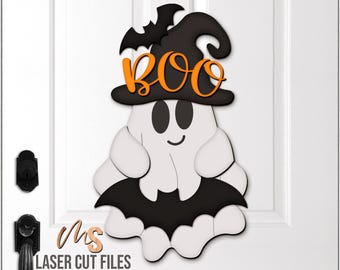 魔女の幽霊ハロウィンサインSVG：Glowforge/Cricut用ハロウィンドアハンガーレーザーカットファイル