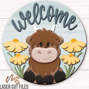 Daisy Highland Cow Welcome Sign Svg - Cow Door Hanger Svg - Highland Cow Svg - Laser Cut Files - Floral Cow Door Sign - Glowforge Cricut
