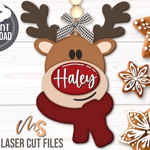 Ornamento di Natale con renna SVG - Ornamento di renna personalizzato SVG - Etichette regalo di Natale SVG - Rudolph SVG - File tagliati al laser - Glowforge Cricut