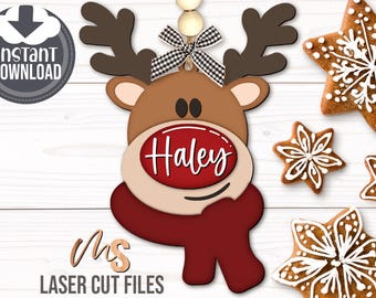 Rentier Weihnachtsverzierung SVG - Benutzerdefinierte Rentierverzierung SVG - Weihnachtsgeschenkanhänger svg - Rudolph svg - Laser Cut Files - Glowforge Cricut