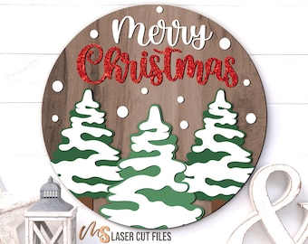 Letrero de puerta de Feliz Navidad SVG: Letrero de bienvenida de árbol de Navidad SVG Archivos cortados con láser para Glowforge/Cricut