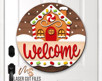Gingerbread House Christmas Welcome Sign SVG: Christmas Door Hanger Laser Cut Files Glowforge/Cricut