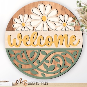 Daisy Welcome Sign SVG - Daisy Door Hanger Svg - Daisy Svg - Segnaletica floreale per porta - File tagliati al laser - Decorazioni primaverili ed estive - File Glowforge