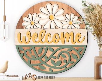 Daisy Welcome Sign SVG - Daisy Door Hanger Svg - Daisy Svg - Floral Door Sign - Laser Cut Files - Spring & Summer Decor - Glowforge Files