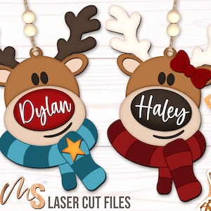 Ornamento natalizio renna SVG - Ornamento personalizzato per bambini SVG - Etichette regalo di Natale SVG - File tagliati al laser - Rudolph SVG - Glowforge Cricut