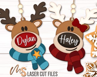 Reindeer Christmas Ornament SVG - Kids Custom Ornament Svg - Christmas Gift Tags Svg - Laser Cut Files - Rudolph Svg - Glowforge Cricut