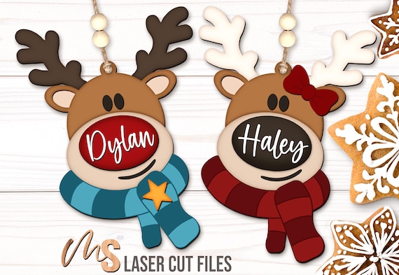 Reindeer Christmas Ornament SVG - Kids Custom Ornament Svg - Christmas Gift Tags Svg - Laser Cut Files - Rudolph Svg - Glowforge Cricut