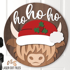 クリスマス ハイランド カウ ドアハンガー SVG - ハイランド カウ SVG - クリスマス ウェルカム サイン SVG - レーザーカット ファイル - サンタ ハット SVG - Glowforge Cricut