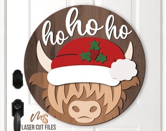 Christmas Highland Cow Door Hanger SVG - Highland Cow Svg - Christmas Welcome Sign Svg - Laser Cut Files - Santa Hat Svg - Glowforge Cricut