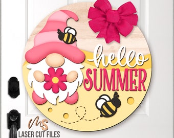 Summer Gnome Door Hanger SVG: Hello Summer Welcome Sign Laser Cut Files Glowforge/Cricut