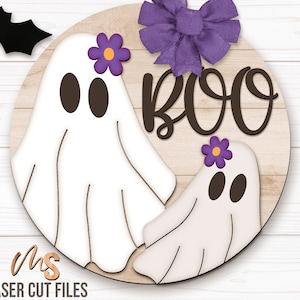 Cute Halloween Ghost Door Hanger Svg - Floral Cute Ghost Svg - Boo Svg - Laser Cut Files - Boho Halloween Sign Svg - Glowforge Files - Halloween Welcome Sign Svg - Halloween Door Hanger - Halloween Porch Sign - Halloween Decor - Front Door Decor