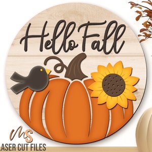 Accrocheur de porte automne bonjour SVG - citrouille - Svg tournesol - signe de bienvenue automne Svg - fichiers découpés au laser - plaque de porte automne - décoration automne - Glowforge