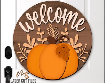 Kwiatowy, jesienny napis powitalny z dynią SVG: Jesienny wieszak na drzwi, pliki wycinane laserowo Glowforge/Cricut
