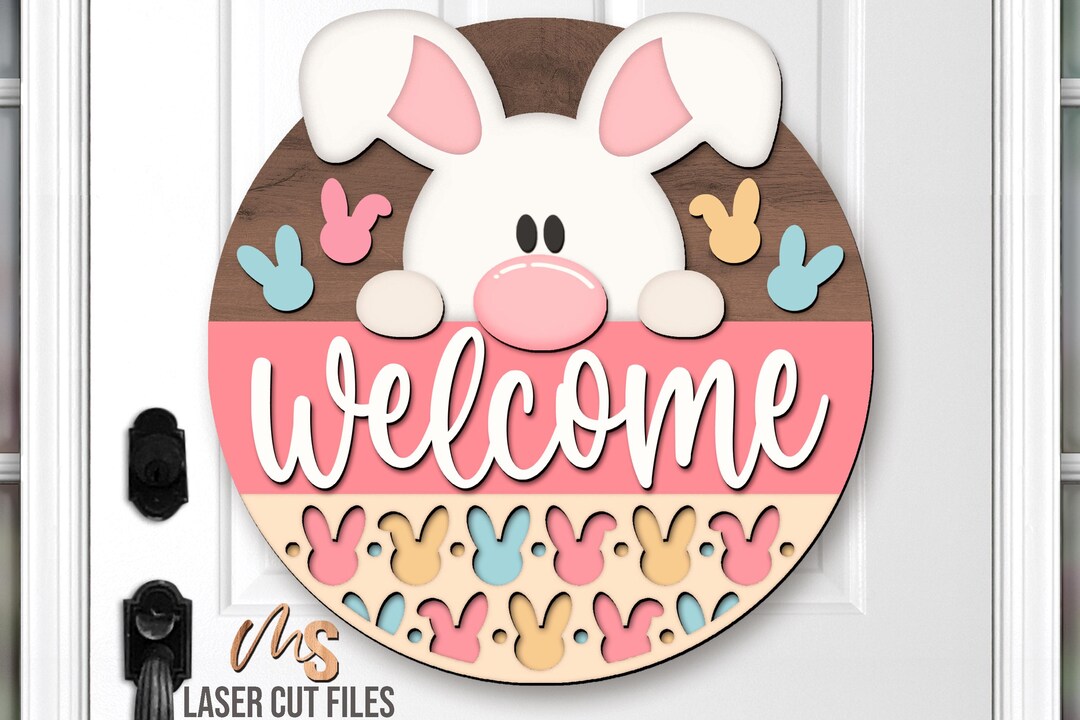 Spring Easter Bunny Welcome Sign SVG: Easter Door Hanger Laser Cut ...