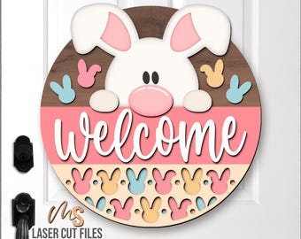 Wiosenny Zajączek Wielkanocny – tabliczka powitalna SVG: Wielkanocny wieszak na drzwi, pliki wycinane laserowo, Glowforge/Cricut